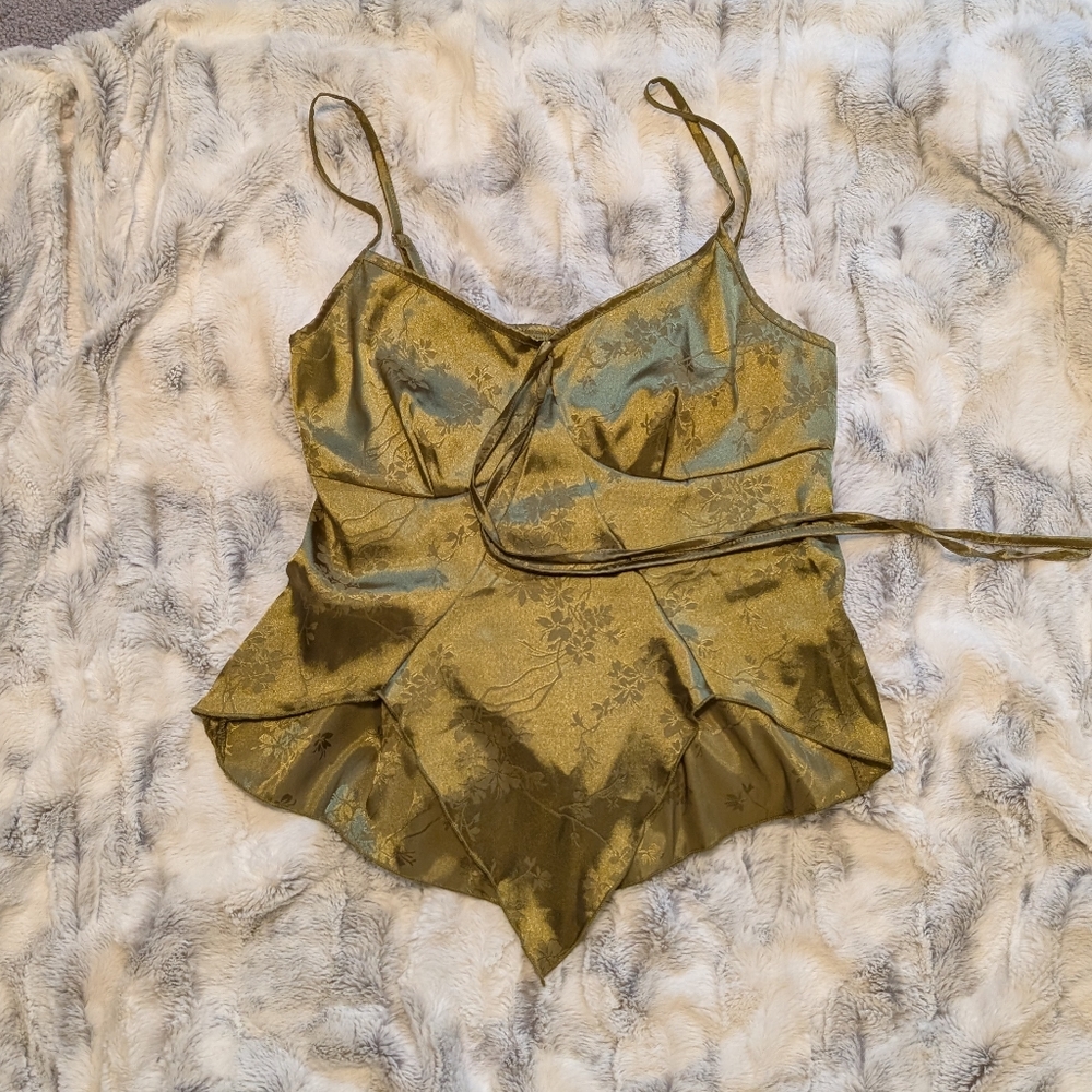 ROMWE Olive Satin Floral Chemise